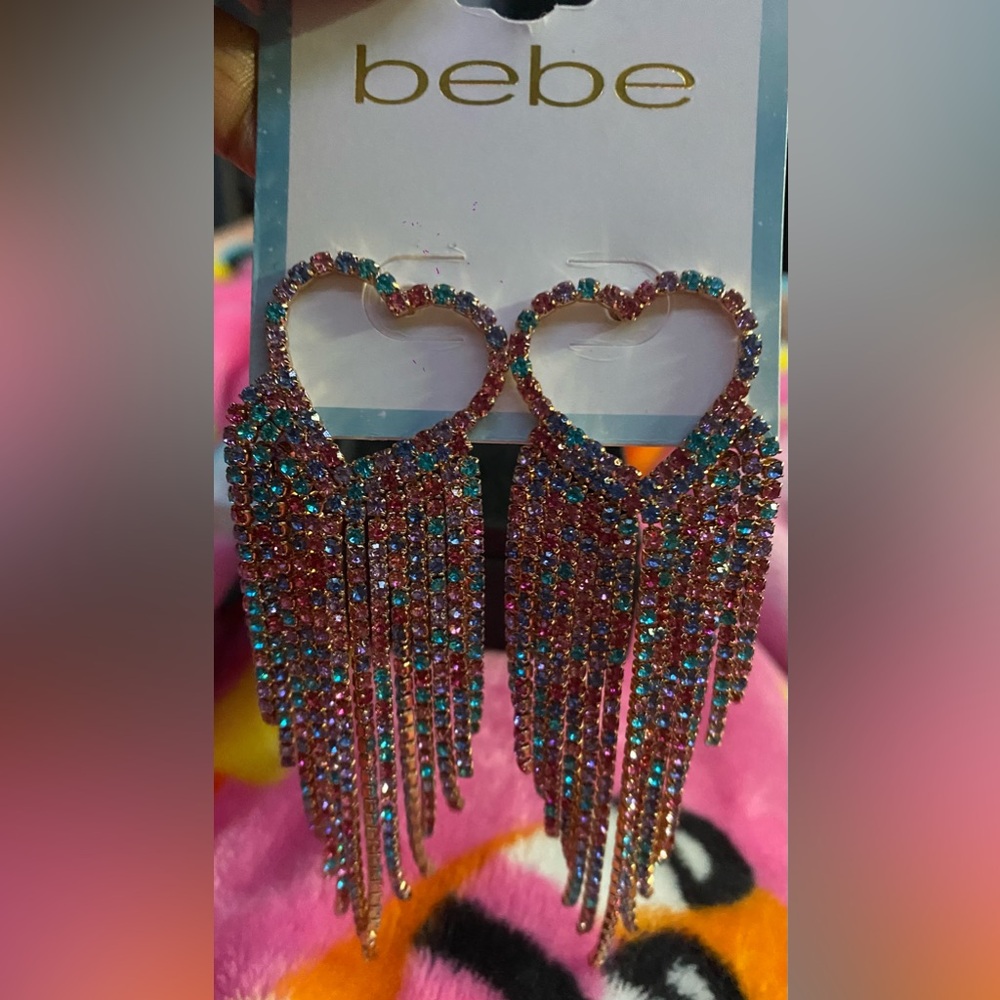 bebe Pink and Blue Heart Fringe Earrings